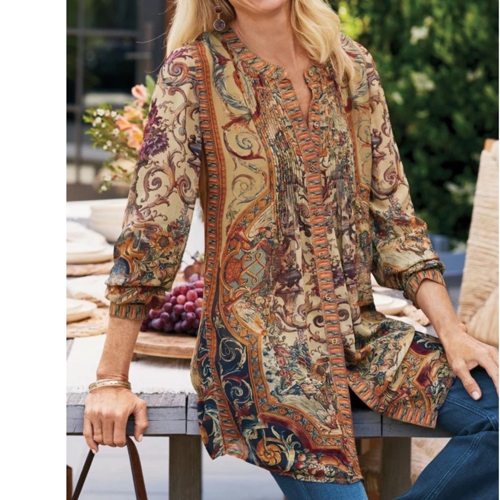 Soft Surroundings Makara Sunflower Tapestry Baroque Floral Pintuck Button Top 3X